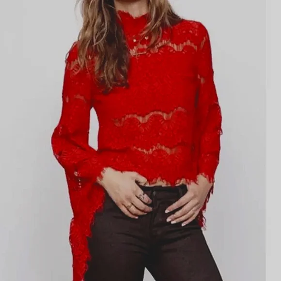 MinkPink Drama Queen Burgundy Lace Zip Back Bell Sleeve Top size M - Picture 1 of 11